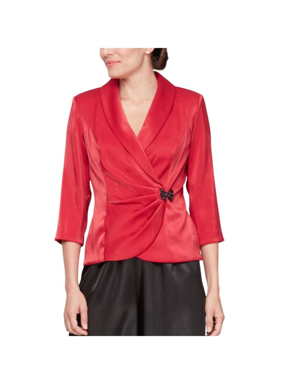 Alex Evenings Women's Bead Detail Red Taffeta Top, 3/4-Sleeves Size M